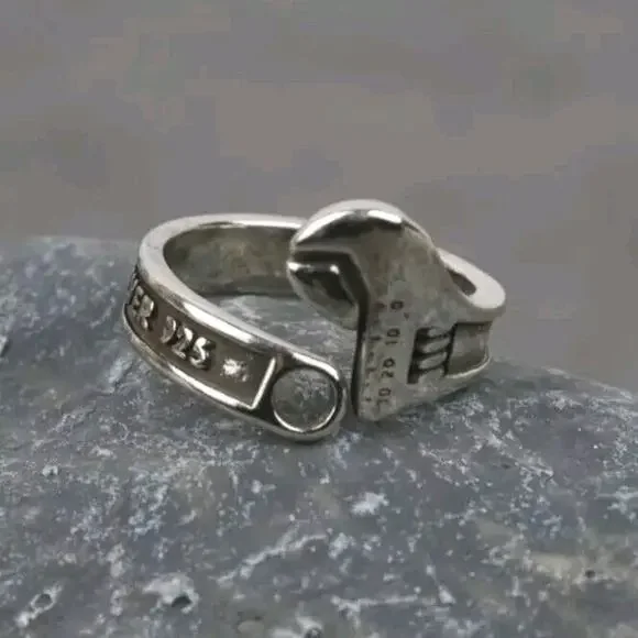 Adjustable Wrench Ring Retro VTG Design Motorcycle Men Tool Worker